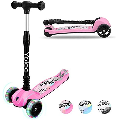 YOLEO Trottinette Enfants Pliable, Trottinette 3 Roues avec LED Roues Plateau Antidérapant, Trotinette réglable en Hauteur
