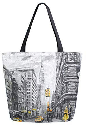 HMZXZ RXYY Man Frau Gelb Taxi New York Ölgemälde Segeltuch Tasche Schwer Pflicht Groß Frauen Beiläufig Schulter Tasche Handtasche Wiederverwendbar Einkaufen Tasche Bag für Draußen Reise