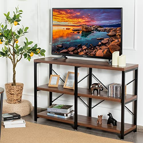 CASART 3-Tier TV Console Table, Rustic Wooden Entertainment Center TV Stand Cabinet with Storage Shelves, Multifunctional Sofa Side Table for Living Room, Bedroom and Entryway, Black + Brown