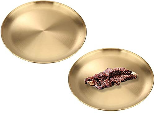 2 Stück Runde Speiseteller, Edelstahl Rundes Tablett, Dekoratives Tablett, Runde Gerade Seite, Spülmaschinenfest, für Küche, Heimtextilien, Empfang, Camping, Picknick (Gold)