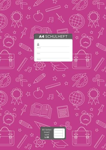 A4 Schulheft für „Vielschreiber“, 80 Seiten, liniert mit Rand (Lineatur 25), weißes Papier: Cover-Farbe: rosa, Illustration Schule, (10 verschiedene ... Seitenzahlen, Adressteil, und Kalender 2022
