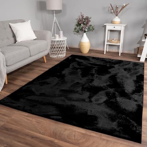 TT Home Wohnzimmer Teppich Hochflor Langflor Kunstfell Weich Modern Unifarben Flauschig, Farbe: Schwarz, Größe:160x220 cm