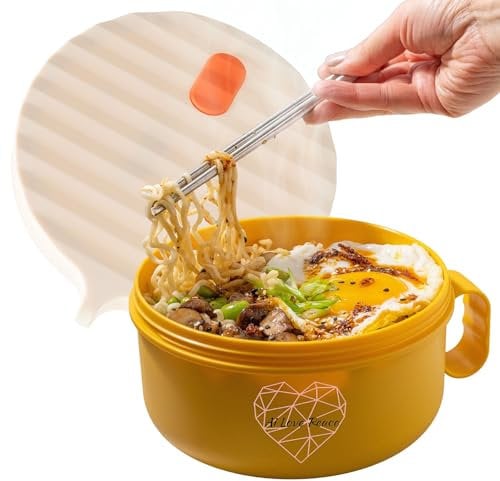 AI LOVE PEACE Microwave Noodle Bowl, BPA-Free 1200ml Soup Mug with Handles, Portable Ramen Container for Students & Offices, Yellow