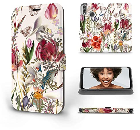 MOBIWEAR | Slim FLIP Case | Kompatibel mit Huawei Honor 8X, Made in EU handyhülle, Premium Schutzhülle, Transparent TPU Silicon, Book Style Hülle, Tasche - Vintage Blumen