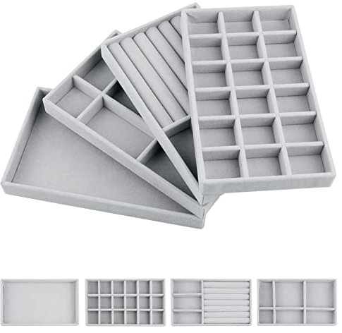 EXLECO 4er Schmucktablett Samt Schmuck Organizer Schublade Aufnehmbare Schmuckaufbewahrung Stapelbar Schubladeneinsatz für Damen Mädchen Ring Display Organizer Schmuckkästchen Schmuckschatulle (Grau)