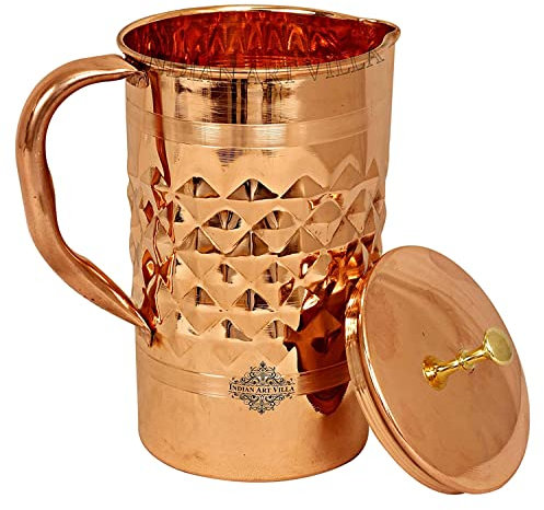 Hammered Design Copper Jug Pitcher with Brass Serving Water 2000 ML