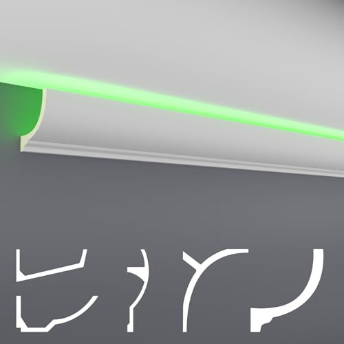 HEXIM LED Stucco Profils paquets d'économies - Éclairage indirect avec moulures de plafond en PU, lumière et opaque (article complet) Stucco Profile Set