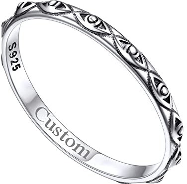 FOCALOOK Ring mit Gravur Ring Damen Silber 925 Verlobungsring Breit 2MM Siegelring Böser Blick Ring Größe 64MM Ring Herren Silber Vintage Schmuck für Frauen