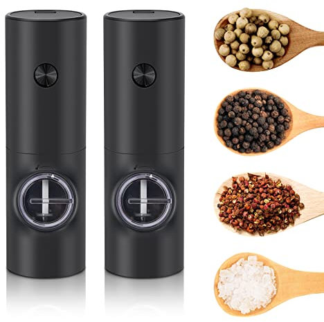 Electric Salt and Pepper Grinder Set,Coldairsoap 2 Pack Salt/Pepper Mills Battery Powered with Led Light Automatic Grinder Set Perfect for White Pepper, Black Pepper, Sea Salt, Cumin...(Black)