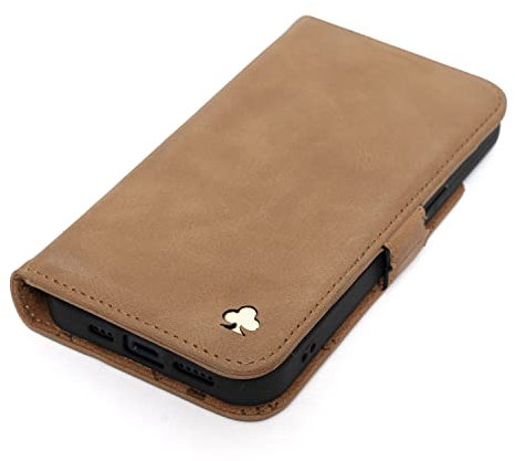 Porter Riley - Lederhülle für iPhone 14 Pro. Premium Echtleder Standhülle/Ledertasche/Brieftasche mit [Karten Steckfächern] [Horizontale Standfunktion] [Strapazierfähiger Rahmen] (Hellbraun)