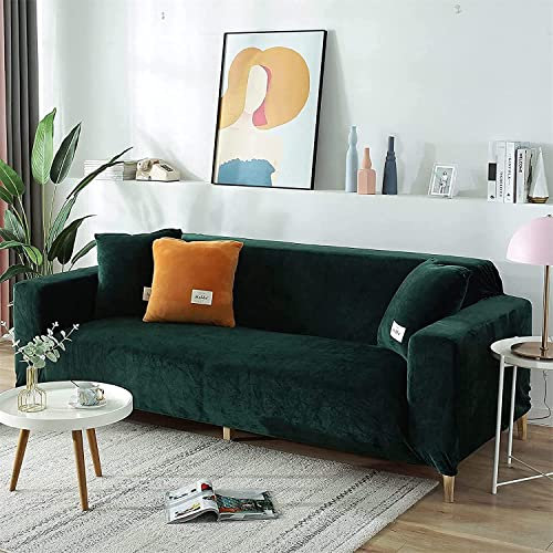 Couch Slipcovers Velvet Plush Sofa Cover 1-Piece Non Slip Soft Sofa Slipcover High Stretch Universal Couch Covers Furniture Protector with Elastic Bottom for Living Room (Dark Green,3 Seater(75-91