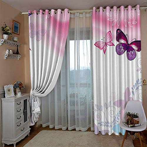 ZAPVI Fenster Vorhang Schlaufen-Vorhang Rosa & Schmetterlinge Dekorative Gardine Schlaufenschal Fenster-Schal 2er Set Größe:2 x B140 x H175cm