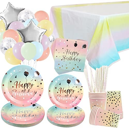 Sliver Dot Rainbow Pastel Birthday Party Tableware Supplies - Plates, Cups, Napkins, Straws, Balloon, Tablecloth for Rainbow Pastel Birthday Baby Shower Wedding Party Decoration - Serves 25