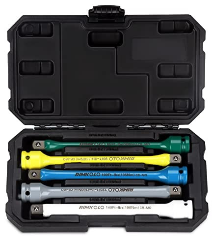 RIMKOLO 1,27 cm Antriebs-Drehmomentbegrenzungs-Verlängerungsstangen-Set, 5-teiliges Schlagdrehmomentbegrenzer-Set mit 20,3 cm farbcodierten CR-MO Drehmomentstäben (1,27 bis 4,6 m) für Radmuttern