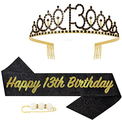 POPOYU 13. Geburtstag Krone und Schärpe, Schwarz-Gold, Glitzernde Schärpe mit Perlennadel, Strass-Tiara, Verstellbare Krone für Frauen und Mädchen, Ideal für Geburtstage und Partys