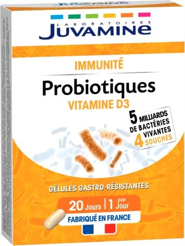 JUVAMINE - Probiotiques et Vitamine D - Soutient l'Immunité - 5 Milliards de Bactéries et 4 Souches Différentes - 20 Gélules Gastro-Résistantes - Fabriqué en France