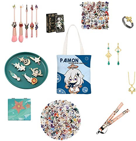 Genshin Impact eine Vielzahl von Geschenk-Sets geeignet für Frauen, einschließlich Aufkleber, Halsketten, Ohrringe, Ringe, Make-up-Pinsel usw, Papier