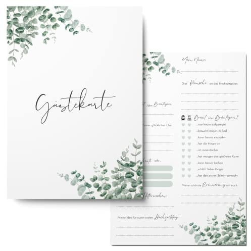 MAVANTO 50x Gästekarten Hochzeit zum Ausfüllen - Wunderschöne Gästebuchkarten als Alternative zum Gästebuch (Eukalyptus)