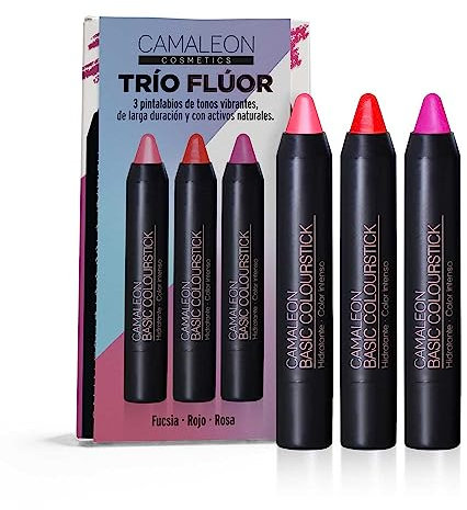 Camaleon Cosmetics - Pack 3 Pintalabios Flúor - Larga Duración - Tonos Intensos y Vibrantes - Color: Fucsia, Rojo y Rosa.