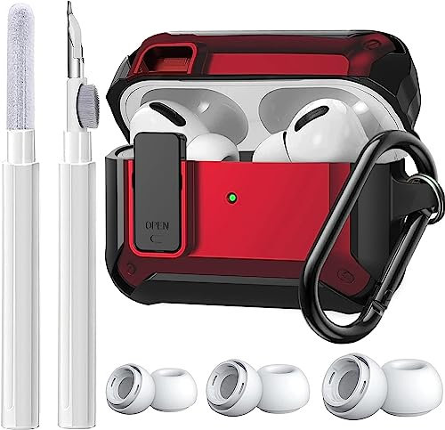 Olytop Custodia protettiva rigida per Airpods Pro/Pro 2 Gen (2023/2022/2019), clip di blocco sicura antiurto per AirPod Pro di 2a/1a generazione, con kit di pulizia e auricolari di ricambio,