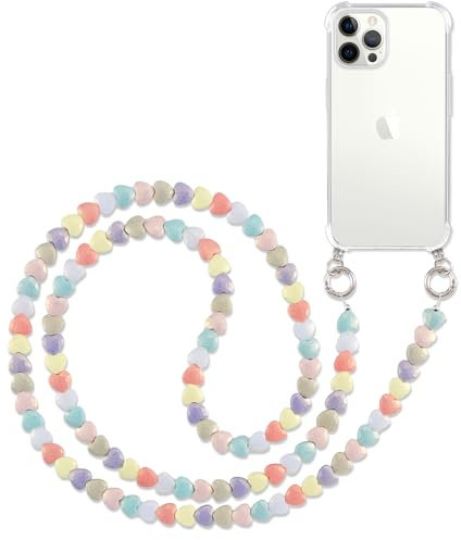 Pnakqil Handykette mit Perlenkette für Apple iPhone 12 Pro Max 6.7 Hülle Schultergurt mit Band zum Umhängen Schnur Handyhülle Kette Handy Umhängeband Transparent TPU Silikon Case,Herz