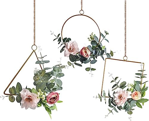 Fermus Floral Hoop Wreaths Set of 3 Artificial Flower Hanging Wall Hoop Garland with Pink Clematis Tea Rose Flowers and Green Eucalyptus Leaves for Wedding Nursery Wall Decor