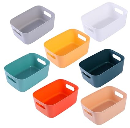 EURXLQ 7 Stück Aufbewahrungsbox Kunststoff Aufbewahrungskorb mit Griffen Eingedicktes Badezimmer Organizer Küchenschrank Körbe Aufbewahrung Kunststoffbox für Badezimmer Küche (Farbig, 20×15×7 cm)