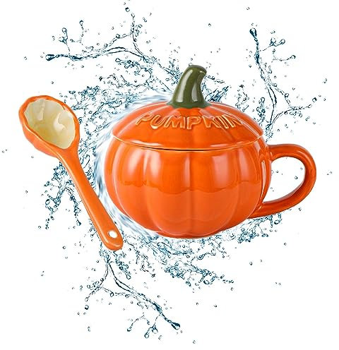 QARIDO Taza de café de cerámica de Calabaza, Taza Creativa y Linda de Calabaza, Taza de Sopa de Leche con Tapa y Cuchara, Taza de Halloween Apta para Bebidas Calientes, té, café y Leche