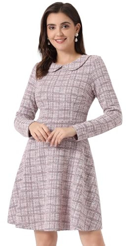 Allegra K Damen Vintage Tweed Kleid Kariert Gitter Bubikragen Langarm A-Linie Minikleid Rosa S