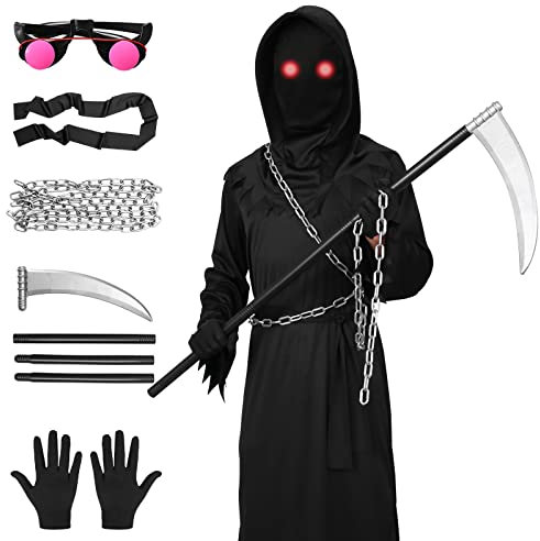 Costume da Triste Mietitore di Halloween,Set di Abbigliamento Unisex da 5 Pezzi con Occhiali Luminosi,Falce Della,Catene Bambini e Adulti (135, Nero)