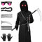 Costume da Triste Mietitore di Halloween,Set di Abbigliamento Unisex da 5 Pezzi con Occhiali Luminosi,Falce Della,Catene Bambini e Adulti (135, Nero)