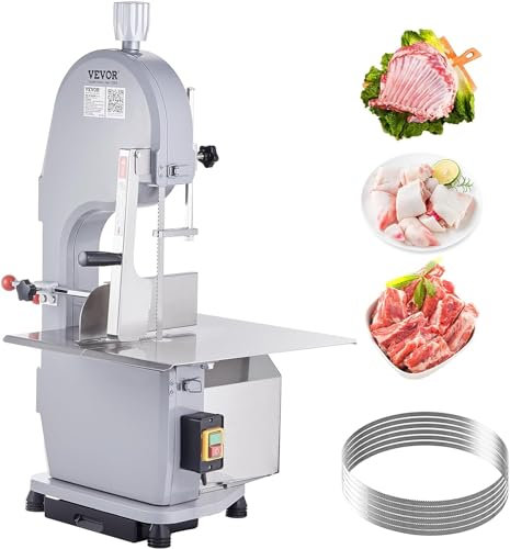 VEVOR Sierra Eléctrica Comercial para Huesos de Carnicero Sierra de Cinta para Huesos 1500 W 300 kg/h Sierra Eléctrica para Carne y Huesos Congelados Mesa 490x380 mm Espesor 4-200 mm para Restaurante