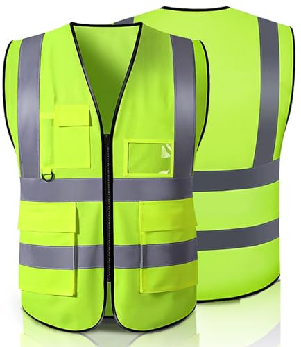 COOKY.D High Visible Reflective Safety Vest with Pockets Hi Vis Adult Zipper Security Jackets Reflective Strips,58x68cm Green S
