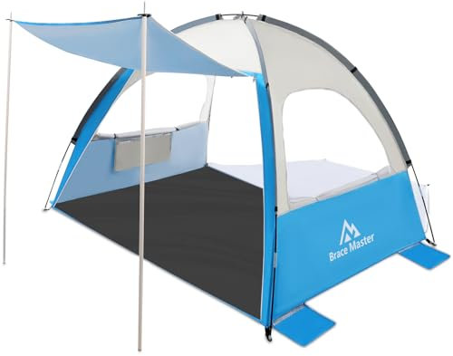 Brace Master Tente de Plage avec Auvent, Portable Abri de Plage pour 2-3 Personnes, Tente de Camping Protection UV 50+ avec Sac de Transport, Bleu