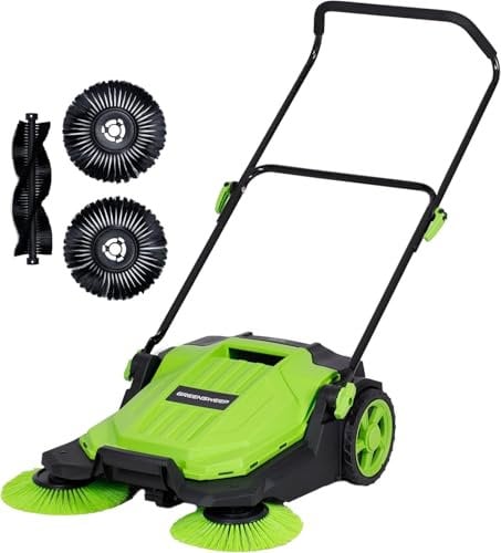 GreenSweep - Spazzatrice manuale a spinta per pavimenti - Capacità 5 galloni - Facile da riporre - Uso esterno - Set di spazzole aggiuntive per impieghi gravosi