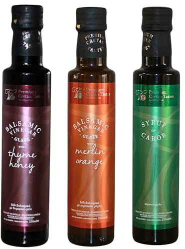 Vassilakis Estate – Coffret Luxe de 3 Vinaigres Balsamiques Gourmets 3 x 250 ml : Miel de Thym, Orange Merlin & Sirop de Caroube – Total 750 ml
