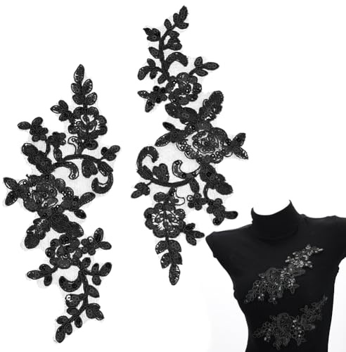 GORGECRAFT 3D-Pailletten-Perlen Bestickte Spitzenapplikation Blumen Blätter Zum Aufnähen Besatzflicken Glitzerperlen Blumenkragen Stoffbastel-Dekoration Flicken Zum Nähen von Kleiderhosen Schwarz