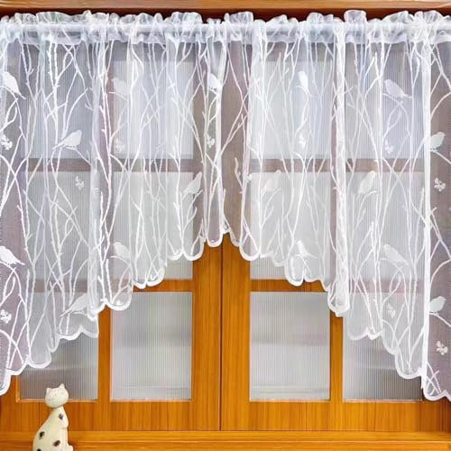 Sarah Duke Gardine Vorhang Scheibengardine Blumen und Vögel Gardinen, Landhausstil Bistrogardine Transparent Vorhänge, Kurzgardinen für Cafe Fensterdeko (Weiß,210x90cm (BxH))