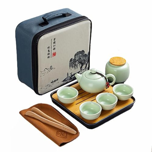 Webao Teekanne Sets, Chinesisches Kungfu Teeservice, Keramik Teekanne mit 4 Tassen und Teedose & Tablett, All-in-One Geschenk Reiseteeset für Losen Tee, Grün