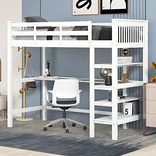 MYBOO Etagenbett Kinderbett 90x200, Hochbett für Kinder, Multifunktionsbett mit Ablagefächern&Schreibtisch&Fallschutzgitter&Lattenrost, Kinderhochbett Stockbett Hausbett Bettgestell, Massivholz, Weiß