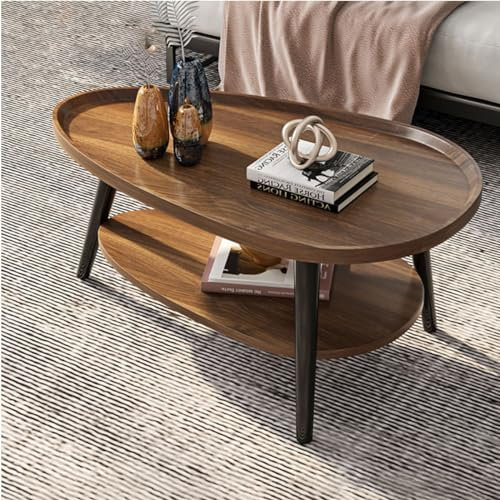Ovaler Mid-Century Modern Couchtisch mit 2 Etagen - Geräumiges Design, Kleiner Sofa-Beistelltisch, Rustikaler Bauern-Tisch (Farbe: Eiche, Größe: 100cm)