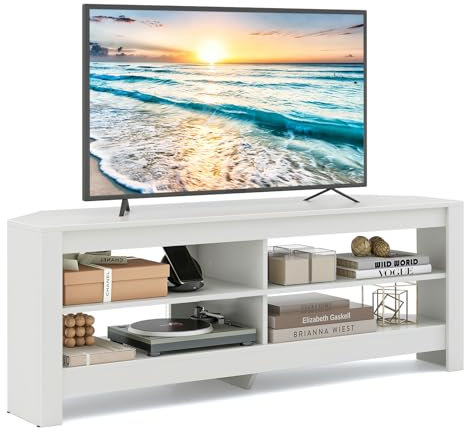 COSTWAY Eck-TV-Schrank mit Ladestation, TV Lowboard mit 4 offenen Ablagen, Fernsehschrank für TVs bis 65 Zoll, Fernsehtisch für Wohnzimmer, Schlafzimmer, 140 x 40 x 49,5 cm, Weiß