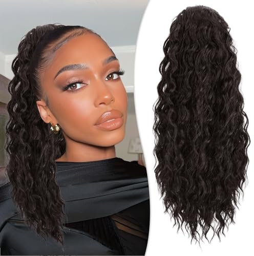 RUWISS Haarteil Dunkelbraun Lockig Pferdeschwanz, 50cm Clip in Gewellt Ponytail Extension Lang Pferdeschwanz Zopf Extensions Synthetik Haarverlängerung für Frauen Damen