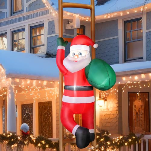 244 cm Aufblasbar Weihnachtsmann mit Gebläse, 8 Fuß Riesen Figur Inflatable Santa mit Leiter, LED Licht Weihnachtsdeko IP44 Wetterfest Beleuchtung Winterdeko für Innen Rasen Hof Außen Yard Garten