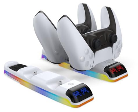Station d'accueil de Remplacement pour Double Manette de Jeu avec lumière RVB pour PS5 Slim, Station d'accueil pour Console de Jeu pour Playstation 5 Slim (Blanc)