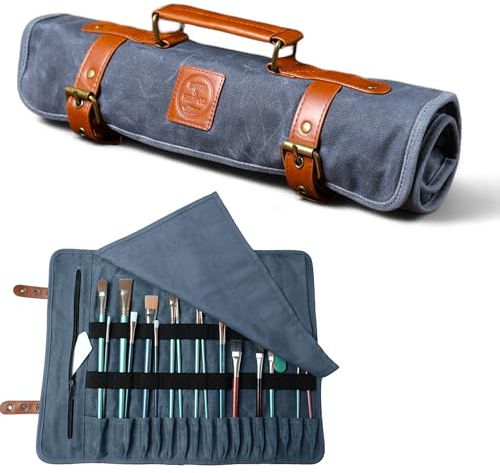 Earth & Fiber Co. Waxed Canvas Paint Brush Holder - Art Bag for Painting, Drawing & Art Supplies - 16 Pocket Brush Case for Artists (Blue)