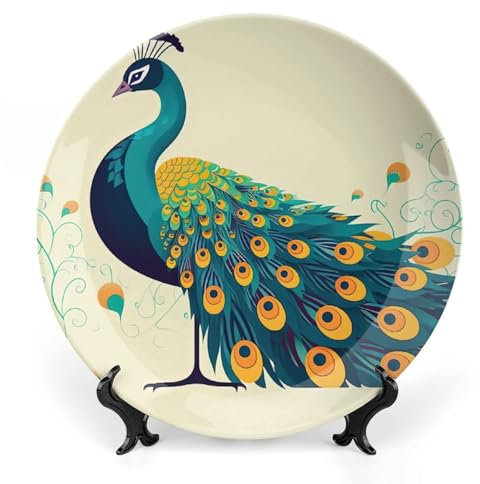 Pfau Keramik Deko Teller, Pfau Dekorative Schale mit Ständer, Schöne Vogel Knochen China Dekorative Teller Kunst Porzellan Teller für Wohnzimmer Flur Tischdekoration