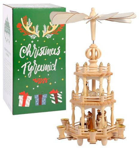 YeloZen Weihnachtspyramiden mit 6 Kerzenhaltern, 45,7 cm, 3 Ebenen, Karussell, Holz, Krippen-Set