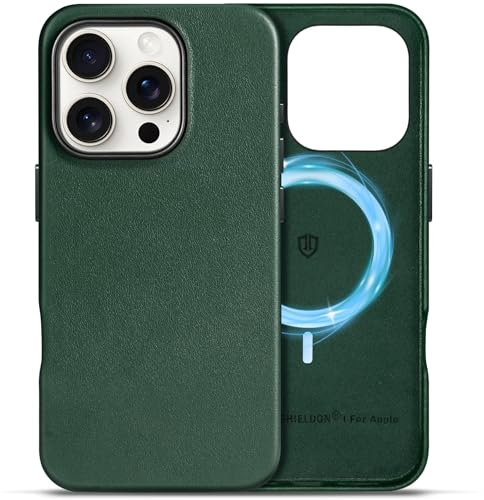 SHIELDON Lederhülle für iPhone 16 Pro, Handyhülle [Kabelloses Laden] [Stoßfest] [Dünn] [Anti-Fingerabdruck] [Leicht] Schutzhülle Cover Hüllen Kompatibel mit iPhone 16 Pro 5G 6,3 2024 Immergrün