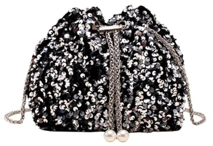 DiiWmme Beuteltasche für Damen, glitzernd, schwarz, Clutch mit Kordelzug, abnehmbarer Kettenriemen, elegante Schultertasche, Crossbag für Hochzeit, Party, Abendtasche, für Mädchen und Damen, silber,